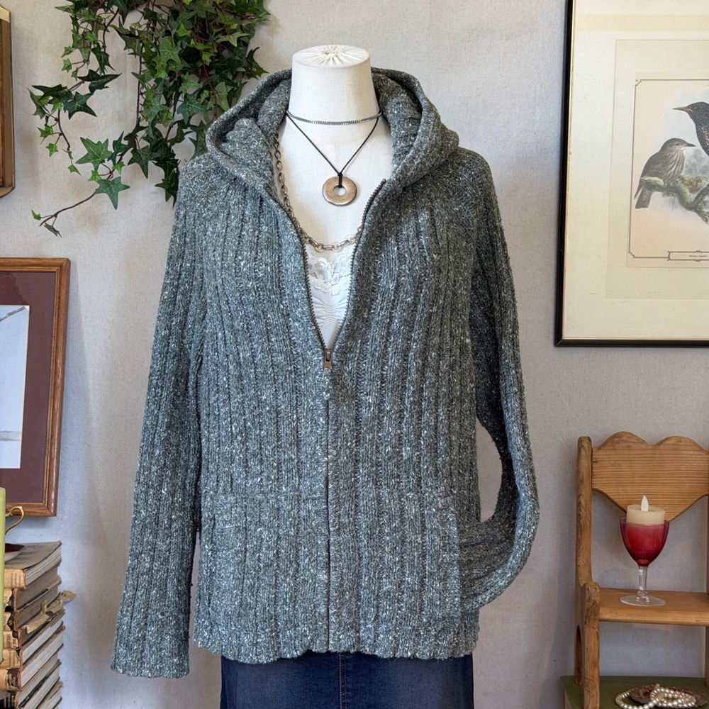 Chunky Gray Marled Ribbed Zip-up Hoodie Granola Boho Vintage M Indie Grunge